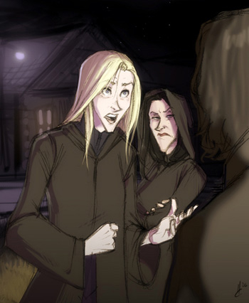 Cliquez pour agrandir Dessin de Narcissa et Bellatrix arrivant chez Rogue